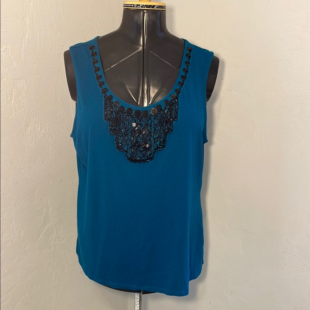 Dana Buchman Teal and Black Beaded Tank Top